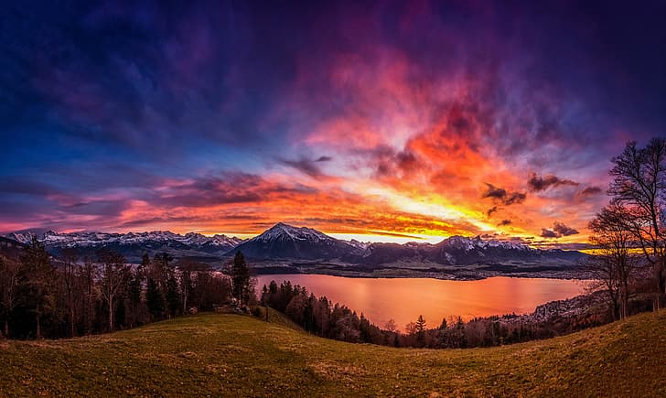 the sky, trees, sunset, mountains, lake, Switzerland, Lake Thun, Bernese Alps, The Bernese Alps, Bernese Oberland, Thun, Canton of Bern, Tun, HD wallpaper