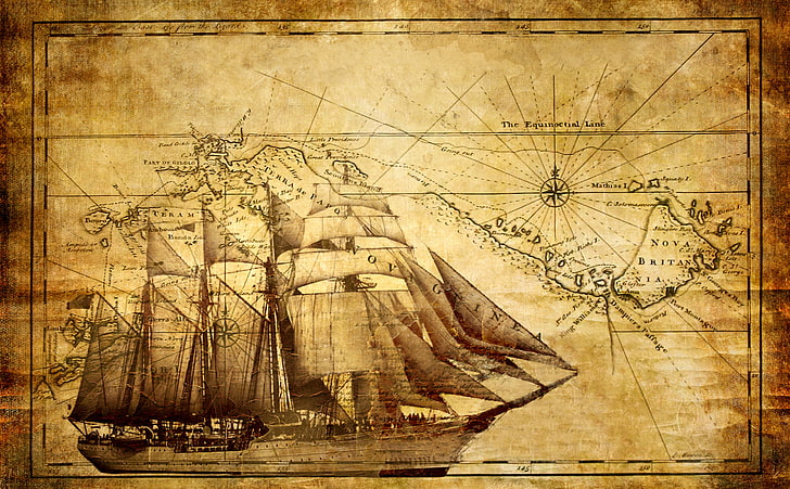 Стара карта HD тапет, рисуване на ветроходни кораби, реколта, HD тапет