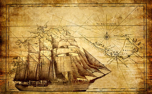 Стара карта HD тапет, рисуване на ветроходни кораби, реколта, HD тапет HD wallpaper