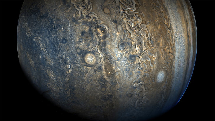 foto planet dengan latar belakang hitam, Jupiter, Belahan Bumi Selatan, pesawat ruang angkasa Juno, NASA, 4K, Wallpaper HD