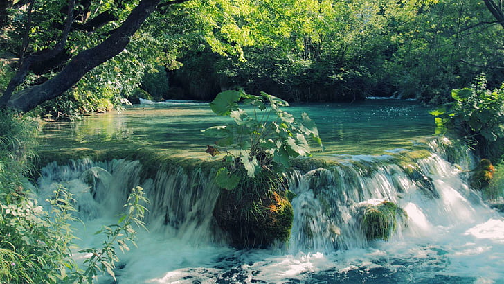 Dual Waterfalls In Croatia, water stream photograph, trees, river, waterfalls, vegetation, 3d and abstract, HD wallpaper