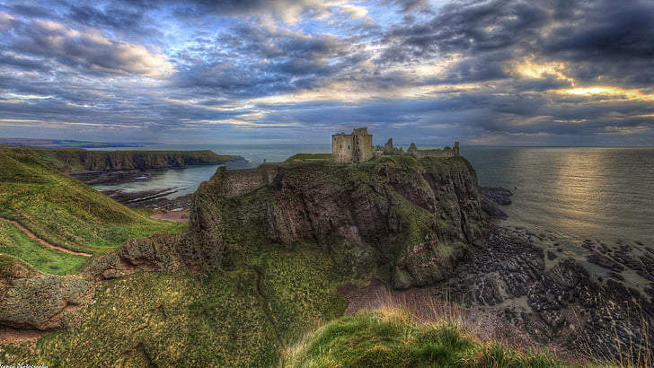 chmura, Stonehaven, Brzeg, Dunnottar Castle, Szkocja, Highland, Cypel, morze, Cypel, ruina, zamek, zatoka, skała, Klif, Wybrzeże, oszałamiające, krajobraz, niebo, pochmurno, sceneria, Tapety HD