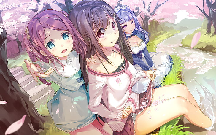Anime Anime Mädchen Kunstwerk Kirschblüte koi suru kanojo keine bukiyou na butai chiyoda momoka kokonoe maria togawa mayu, HD-Hintergrundbild