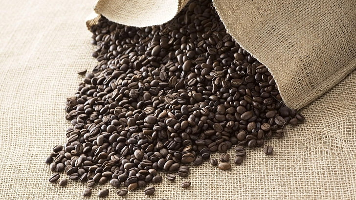 black coffee beans, coffee beans, bag, beverage, HD wallpaper