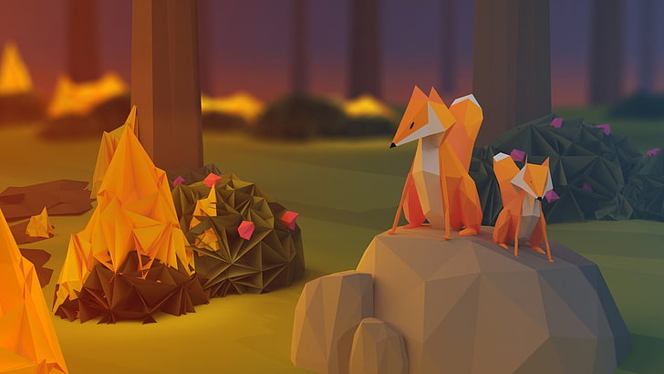 two orange fox cartoon characters, anime, paper, poly, fire, nature, fox, rock, low poly, digital art, stones, plants, trees, flowers, baby animals, simplicity, HD wallpaper