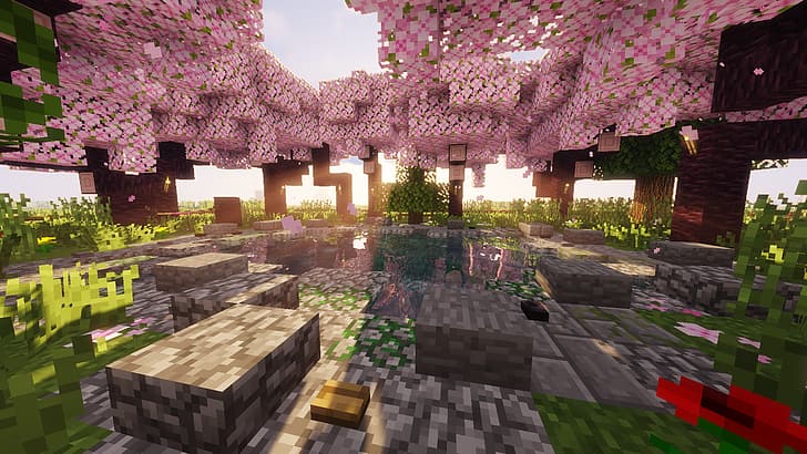 Minecraft, shadery, kwiat wiśni, relaks, światło dzienne, spokój, Chill Out, Tapety HD