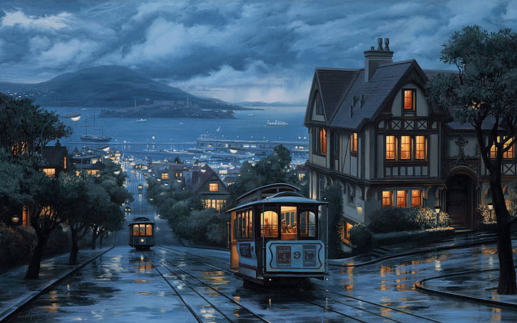 the sky, trees, mountains, clouds, city, the city, street, view, home, ships, the evening, hill, port, lantern, puddles, tram, painting, alley, sky, landscape, evening, Eugeny Lushpin, Eugene Lushpin, Lushpin, steep, An Evening Journey, tram tracks, court, homes, HD wallpaper