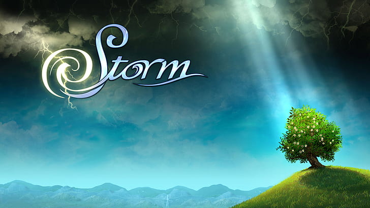 la tormenta, flores, nubes, árbol, cremallera, colina, tormenta, los rayos del sol, Fondo de pantalla HD