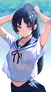  anime girls, school uniform, schoolgirl, arms up, HD wallpaper HD wallpaper