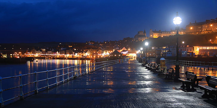 light reflections, lights, night, north sea, north yorkshire, pier, rain, reflections, united kingdom, wet, whitby, HD wallpaper