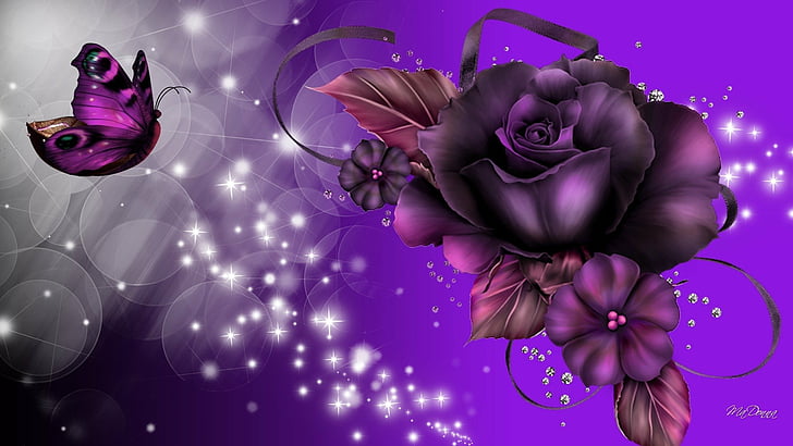 Fantasy, Artistic, Butterfly, Purple, Rose, Sparkles, HD wallpaper