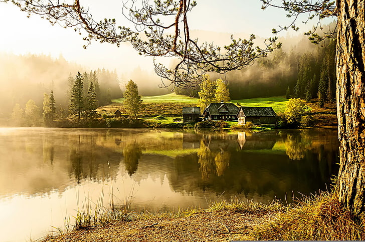 gray and black house near body of water painting, lake, home, morning, village, HD wallpaper