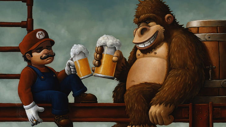 Engraçado, 1920x1080, cerveja, Mario, donkey kong, bebendo cerveja, ambiente de cerveja, cerveja engraçada, HD papel de parede