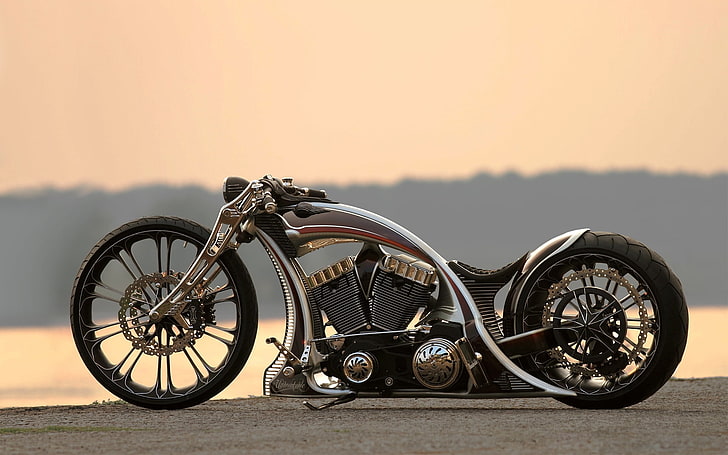 Cromo y negro cruiser motocicleta, bicicleta, personalizada, irrompible, motocicleta, Fondo de pantalla HD