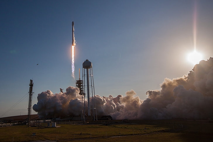 SpaceX, rocket, smoke, sun rays, fire, HD wallpaper