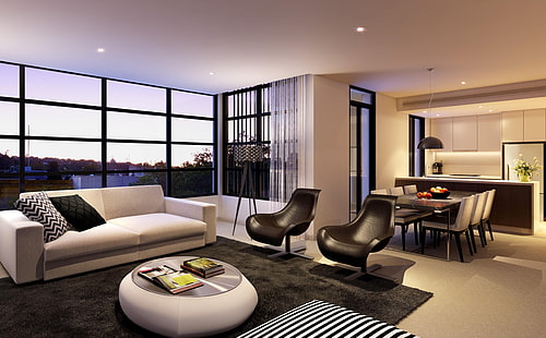 Living Room Design HD Wallpaper เก้าอี้หนังสีดำสองตัวสถาปัตยกรรม, วอลล์เปเปอร์ HD HD wallpaper