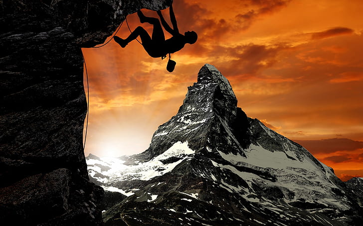 Mountain Climber, landscape, sunset, mountains, HD wallpaper