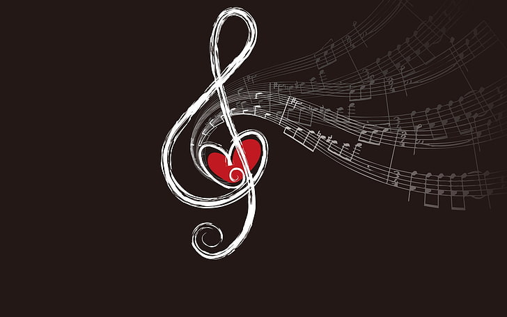 Знак G-Clef, музика, музикални ноти, сърце, прост фон, скрипичен ключ, HD тапет