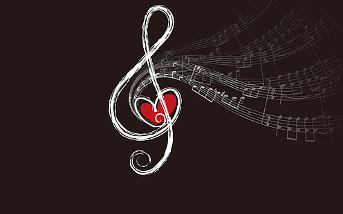 treble clef, simple background, heart, music, musical notes, HD wallpaper HD wallpaper