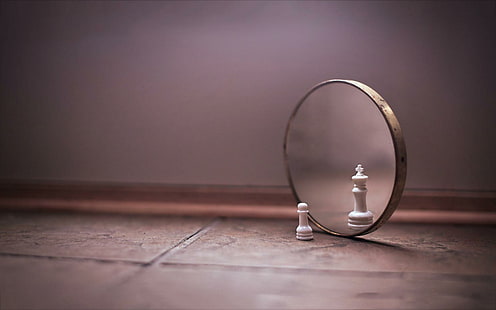 Peão espelho xadrez rei, prata redonda espelho, engraçado, peão, espelho, xadrez, rei, pensando, HD papel de parede HD wallpaper