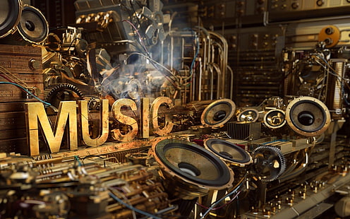 music, Music is Life, steampunk, typography, speakers, smoke, digital art, HD wallpaper HD wallpaper