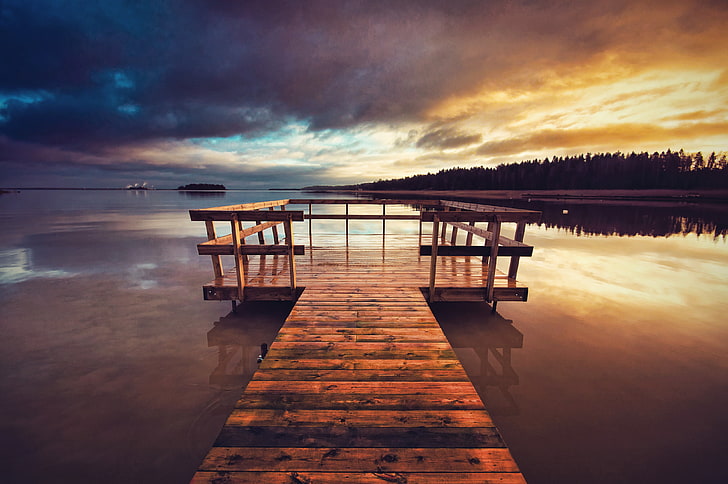 brown wooden dock, lake, pier, clouds, sunset, nature, water, HD wallpaper