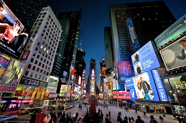 cities, city, crowd, lights, neon, night, people, square, times, traffic, usa, york, HD wallpaper