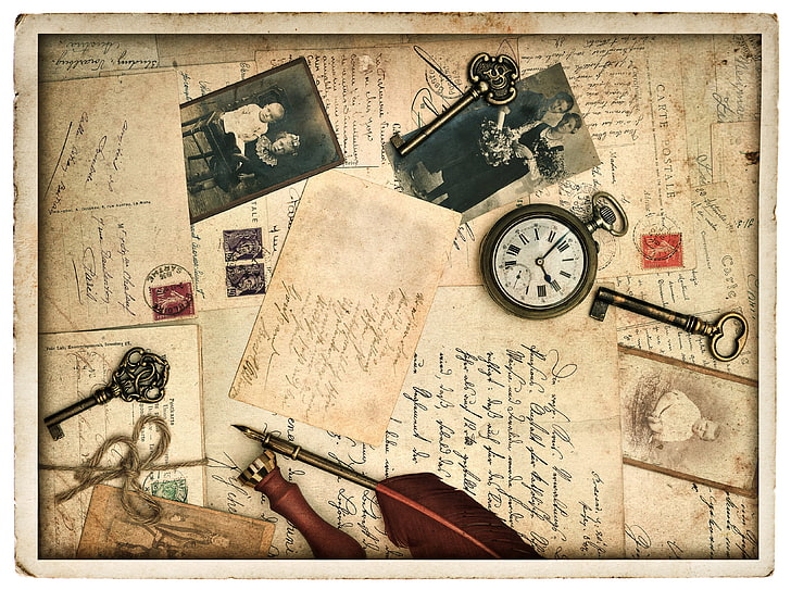 relógio de bolso, caneta, relógio, fotos, linha, chaves, vintage, cartões, HD papel de parede