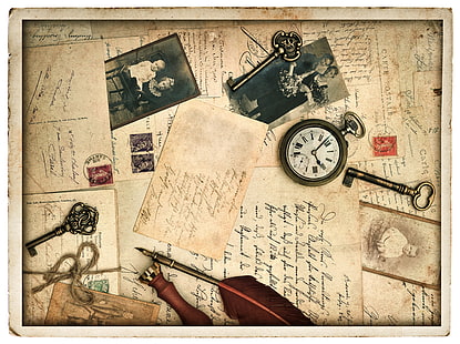 relógio de bolso, caneta, relógio, fotos, linha, chaves, vintage, cartões, HD papel de parede HD wallpaper