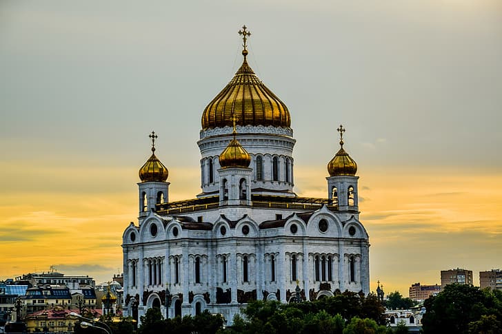 paisaje, puesta de sol, la tarde, Moscú, La buena iglesia cristiana anticuada del Salvador, Fondo de pantalla HD