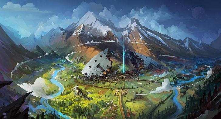 brązowo-biała górska cyfrowa tapeta, ilustracja, fantasy, góry, dzieło sztuki, śnieg, Tapety HD