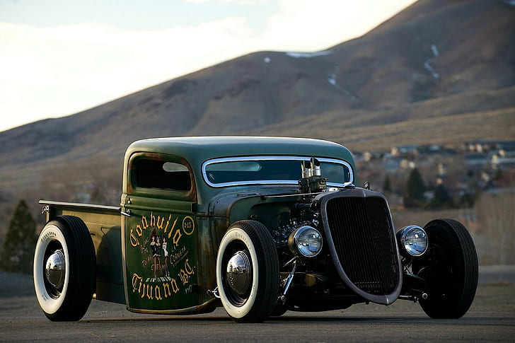1935 Ford Ratrod Pickup, grün und schwarz Oldtimer, Brauch, Ford, Ratrod, Pickup, Vintage, Hotrod, Klassiker, 1935, Straße, antik, HD-Hintergrundbild