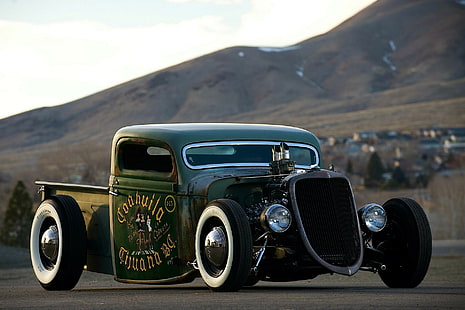 Ford Ratrod Pickup del 1935, auto d'epoca verde e nera, custom, ford, ratrod, pickup, vintage, hotrod, classico, 1935, street, antico, Sfondo HD HD wallpaper