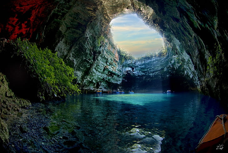 Cavernas, Caverna, Azul, Penhasco, Grécia, Caverna Melissani, Natureza, Luz solar, HD papel de parede