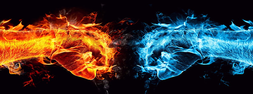 Fire Fist vs Water Fist fondo de pantalla HD, puños rojos y azules con ilustración de llamas, elementos, fuego, agua, puño, Fondo de pantalla HD HD wallpaper