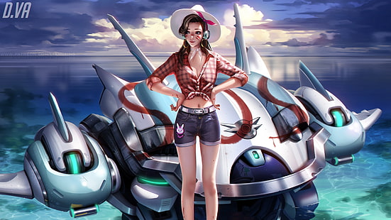 female character wearing brown shirt, Overwatch, video games, D.Va (Overwatch), Liang-Xing, digital art, jean shorts, HD wallpaper HD wallpaper