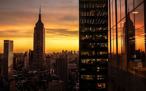 ตึกเอ็มไพร์สเตทนิวยอร์กซิตี้พระอาทิตย์ตกทิวทัศน์เมืองตึกเอ็มไพร์สเตทสหรัฐอเมริกานิวยอร์กซิตี้, วอลล์เปเปอร์ HD HD wallpaper