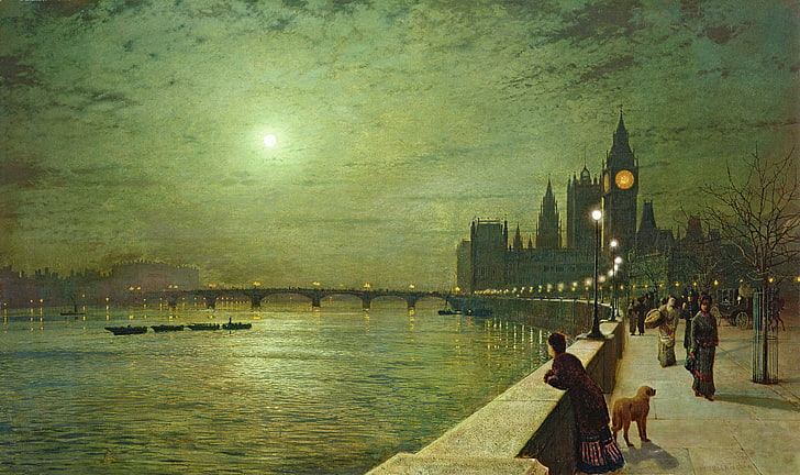 pintura da cidade, noite, ponte, rio, pessoas, a lua, Londres, torre, cachorro, imagens, barcos, luzes, Big Ben, passeio marítimo, o parapeito, John Atkinson Grimshaw, HD papel de parede