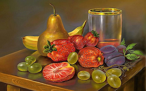 Art, Beautiful Hd Wallpaper, Glass, Pear, Plum, Grape, Strawberry, Banana, HD wallpaper HD wallpaper