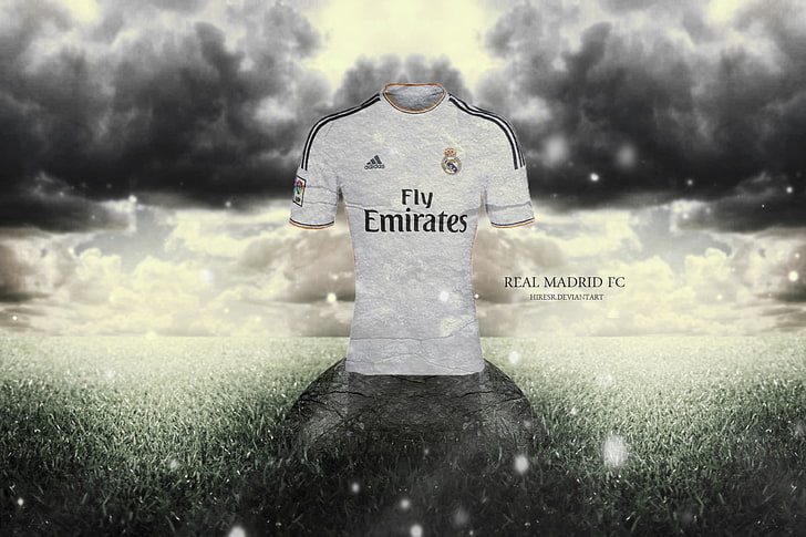 white adidas Fly Emirates soccer jersey, FIFA, soccer, Real Madrid, HD wallpaper