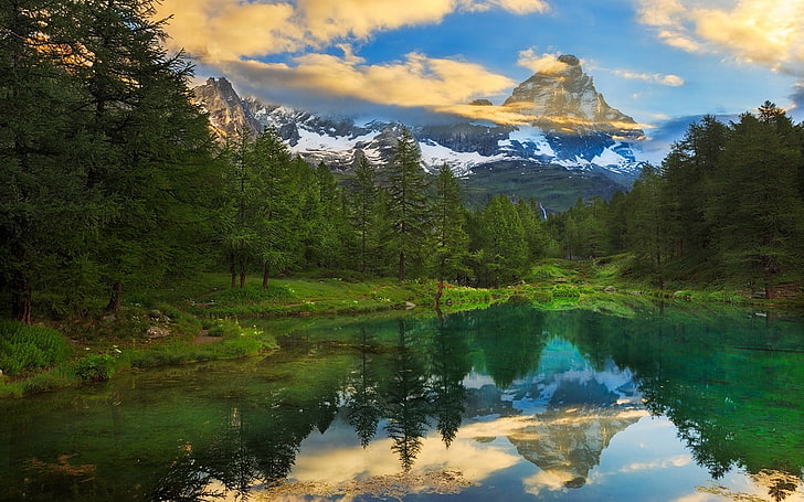 pohon pinus, alam, pemandangan, musim panas, Matterhorn, hutan, danau, refleksi, matahari terbenam, pirus, awan, puncak bersalju, hijau, air, Wallpaper HD