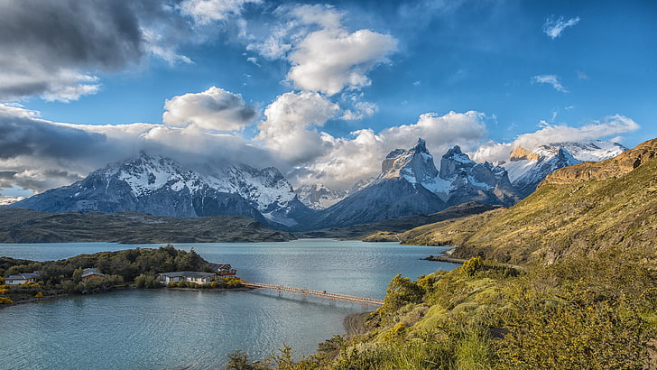 torres del paine national park, sky, national park, highland, mountain, magallanes, cloud, wilderness, lake pehoe, mountain range, lake, mountain lake, torres de paine, fjord, loch, fluffy clouds, HD wallpaper
