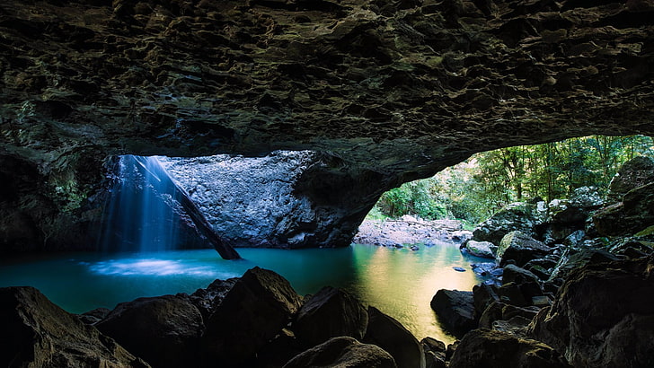 вода, природа, пещера, скалы, водопад, HD обои