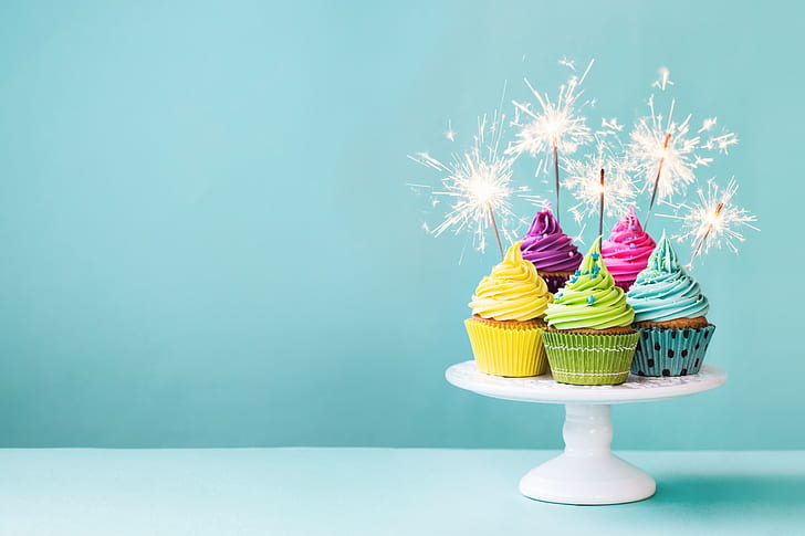 colorful, cream, Happy Birthday, cupcakes, decoration, Birthday, sparklers, holiday celebration, HD wallpaper