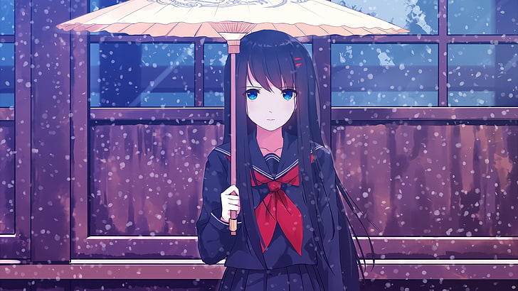 anime, anime girls, snow, school uniform, HD wallpaper