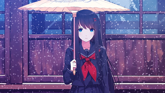 аниме, аниме девушки, снег, школьная форма, HD обои HD wallpaper