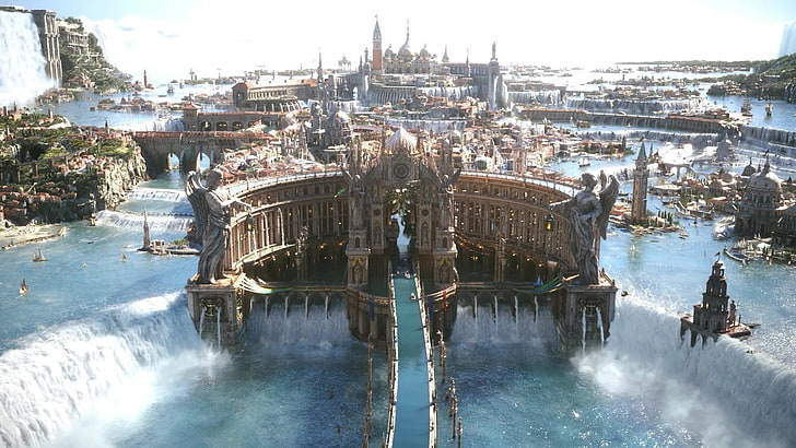 сив и кафяв замък, дигитално изкуство, Final Fantasy XV, Altissia, фентъзи изкуство, водопад, Final Fantasy, HD тапет