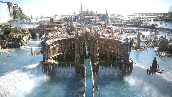 القلعة الرمادية والبنية ، الفن الرقمي ، Final Fantasy XV ، Altissia ، فن الخيال ، الشلال ، Final Fantasy، خلفية HD HD wallpaper