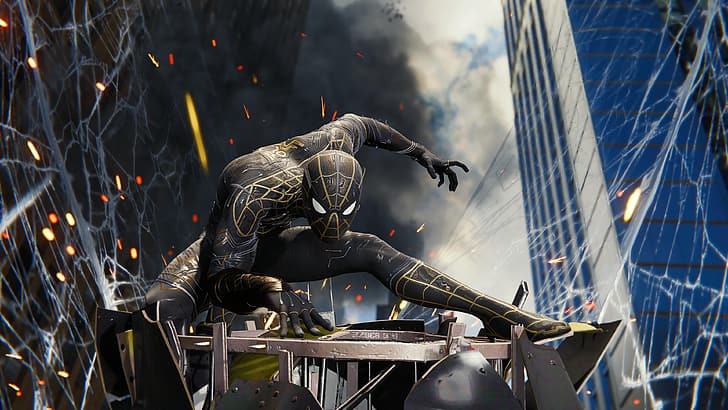 Spider-Man, Spider-Man (2018), Spiderman im schwarzen Anzug, Marvel Super Heroes, Videospiele, Playstation 5, HD-Hintergrundbild