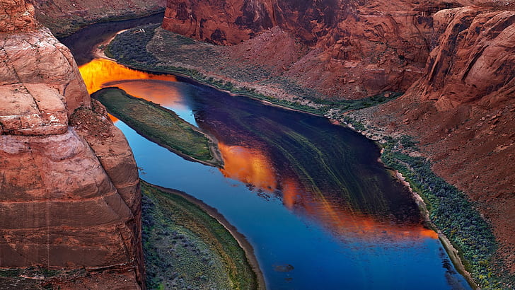nature, landscape, canyon, river, water, rocks, reflection, water refletion, plants, Colorado River, sunrise, Horseshoe Bend, Arizona, USA, HD wallpaper
